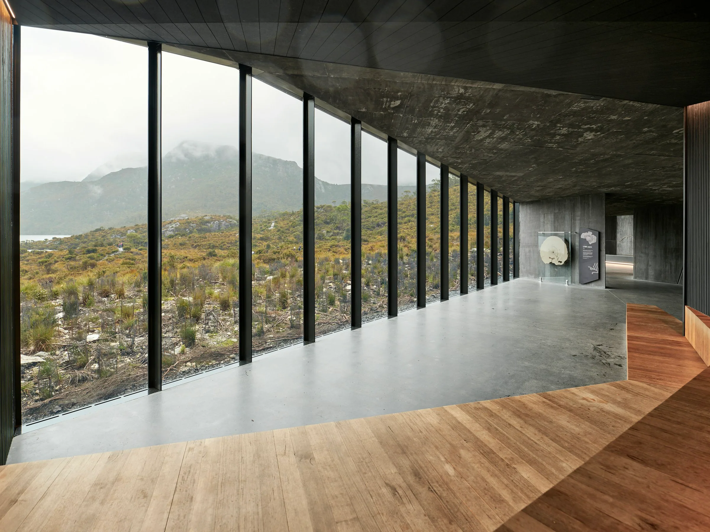 A long room with a raw concrete ceiling and a wall of glass running its full length, hills fading into mist outside