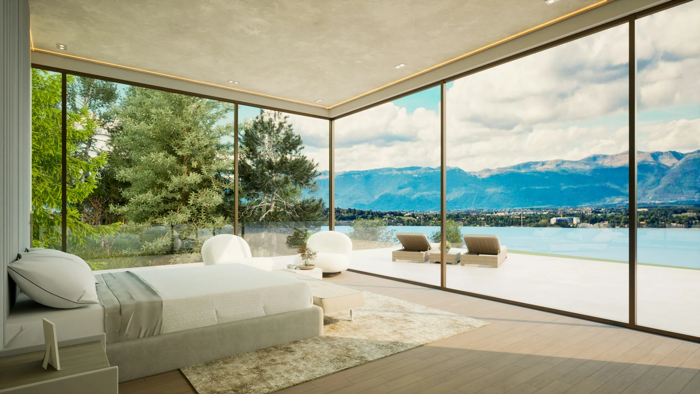 A bedroom enclosed by floor-to-ceiling glass, opening onto a lake and a far ridge of mountains