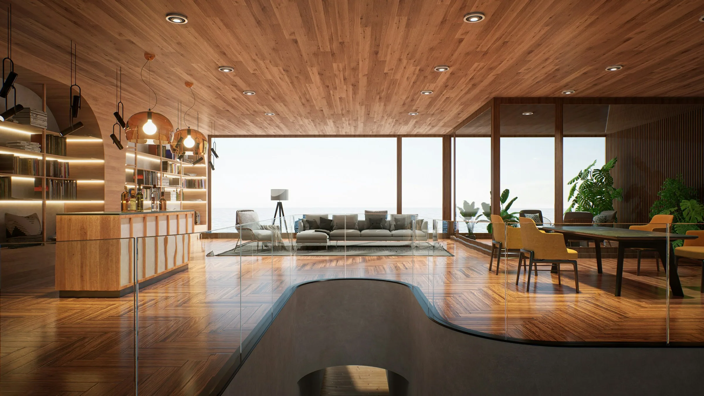 A long room under a warm timber ceiling, pendant lights above a dark reflecting pool